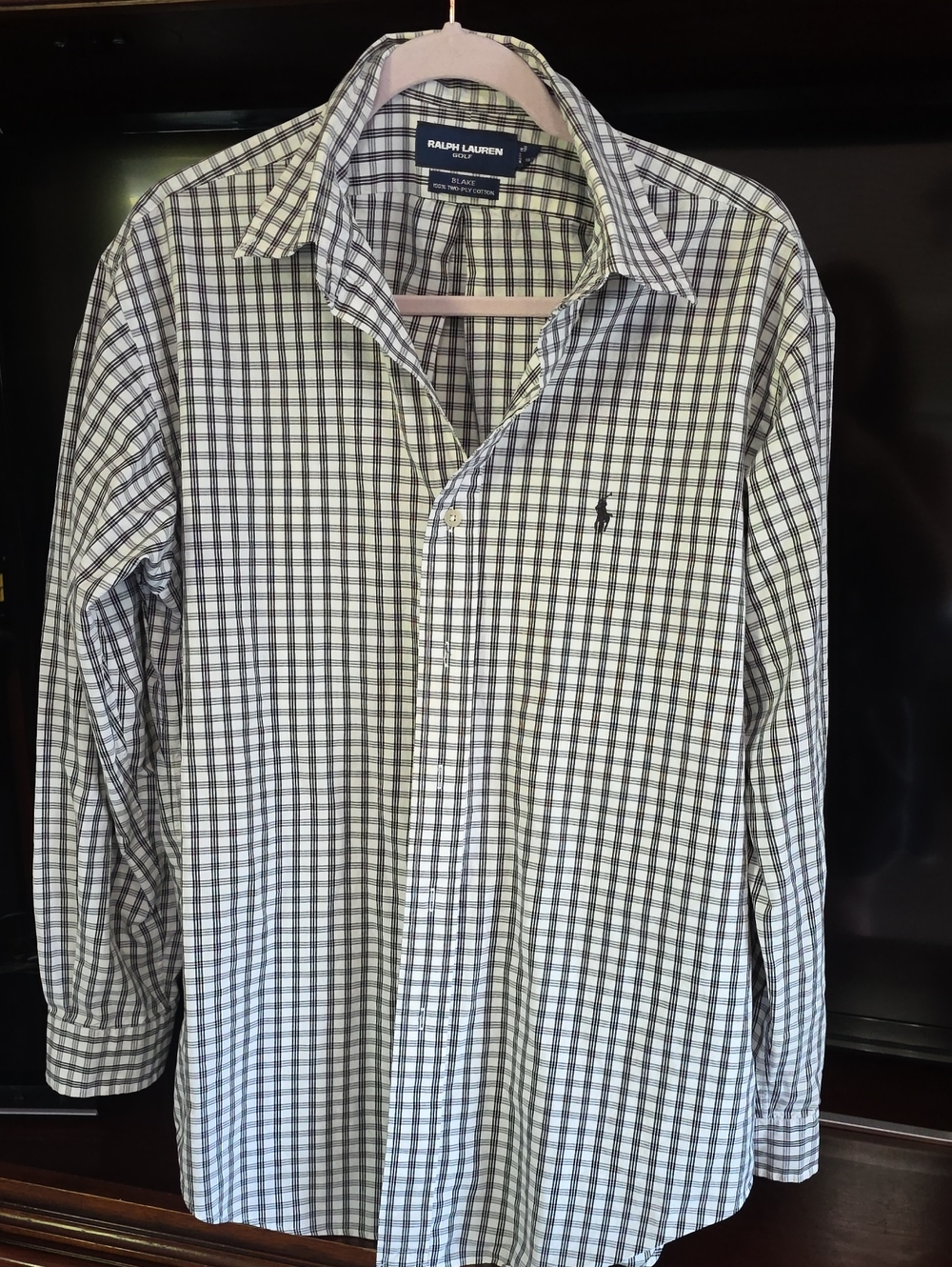 Ralph Lauren Men’s Black, Gray and White Check Button Up Down Dress Shirt